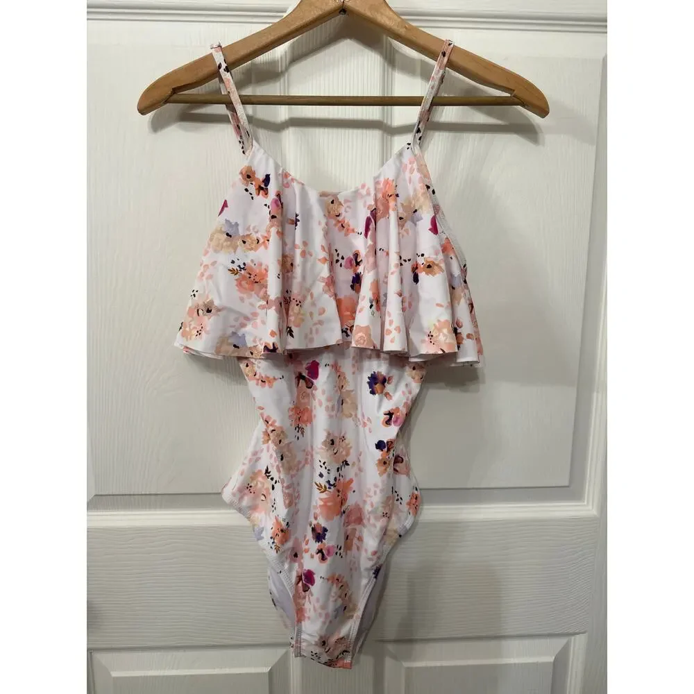 Beachsissi Floral Flounce Off Shoulder Ruffled Monokini One Piece Swimsuit, M